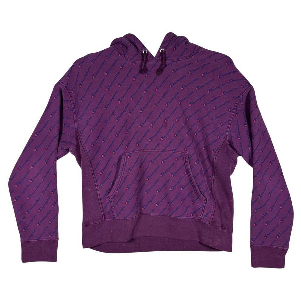 Champion Reverse Weave Hoodie Purple All Over Print Logo Script Mens Large